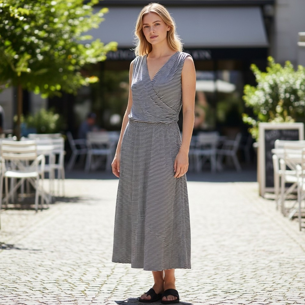 Lands End Womens Navy Blue White Striped Sleeveless Wrap Maxi Dress Medium 10-12